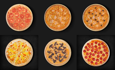 A set of six pizzas on a black background. 1) Margarita 2-3) With shrimps and olives 4) With cheese 5) With fried mushrooms (champignons) 6) Pepperoni
