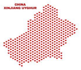 Mosaic Xinjiang Uyghur Region map of valentine hearts in red color isolated on a white background. Regular red heart pattern in shape of Xinjiang Uyghur Region map.
