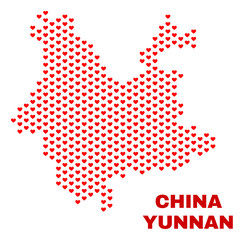 Mosaic Yunnan Province map of valentine hearts in red color isolated on a white background. Regular red heart pattern in shape of Yunnan Province map. Abstract design for Valentine decoration.