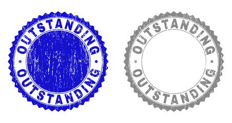 Grunge OUTSTANDING stamp seals isolated on a white background. Rosette seals with grunge texture in blue and gray colors. Vector rubber watermark of OUTSTANDING title inside round rosette.