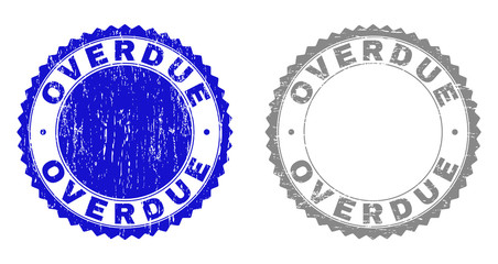 Grunge OVERDUE stamp seals isolated on a white background. Rosette seals with grunge texture in blue and gray colors. Vector rubber stamp imprint of OVERDUE label inside round rosette.