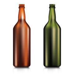 Realistic Green and brown blank glass beer bottle isolated on white background.