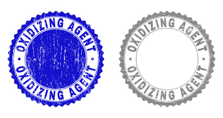 Grunge OXIDIZING AGENT stamp seals isolated on a white background. Rosette seals with grunge texture in blue and grey colors.