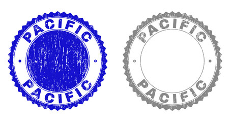 Grunge PACIFIC stamp seals isolated on a white background. Rosette seals with grunge texture in blue and grey colors. Vector rubber stamp imitation of PACIFIC tag inside round rosette.