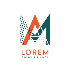 MA modern logo design with orange and green color that can be used for creative business and advertising. AM logo is filled with bubbles and dots, can be used for all areas of the company.