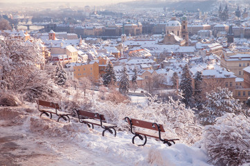 Winter panorama of snow covered Prague Mala Strana - Lesser Town