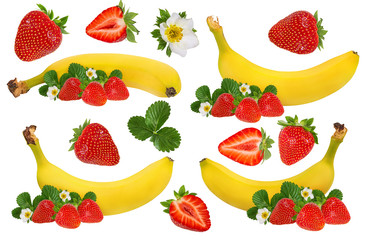 Fresh bananas  and strawberries isolated on white background with clipping path