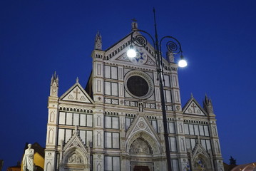 Facade of Santa Croce basilica at night, Florence, Italy