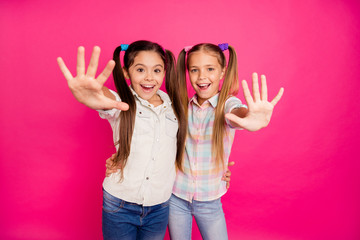 Close up photo two small little age she her girls hands arms palms counting fingers school lesson...