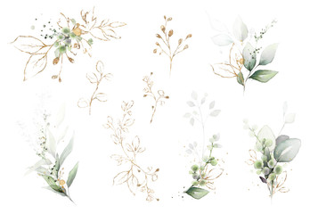  watercolor arrangements with leaves, herbs.  herbal illustration. Botanic composition for wedding, greeting card.