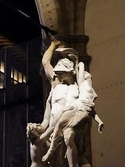The Rape of Polyxena in Loggia dei Lanzi at night, Signoria square, Florence, Italy