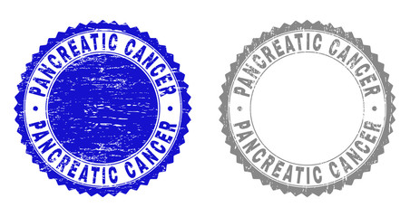 Grunge PANCREATIC CANCER stamp seals isolated on a white background. Rosette seals with grunge texture in blue and gray colors.