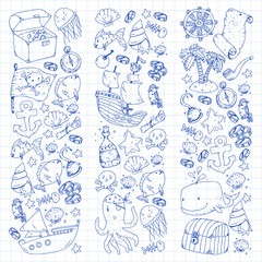Ocean and sea for children. Pattern for boys. Pirate party. Cute fishes, animals, treasures. Kids vacation pattern, beach toys and elements.