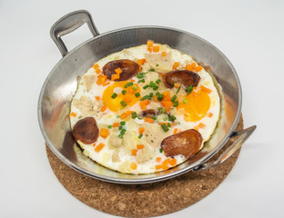 Pan fired egg with toppings for breakfast or dinner homemade food for Thai people in Thailand