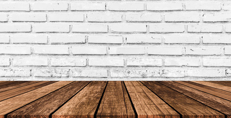 close up white brick cement background with modern wood perspective for design, show and ads on product on display