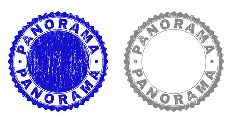 Grunge PANORAMA stamp seals isolated on a white background. Rosette seals with grunge texture in blue and grey colors. Vector rubber stamp imitation of PANORAMA tag inside round rosette.