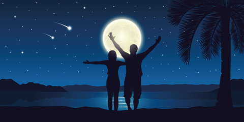 happy couple with arms raised enjoy the full moon and falling stars on the beach vector illustration EPS10