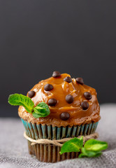 chocolate muffin with mint on grey table. Homemade delicious chocolate muffin close-up