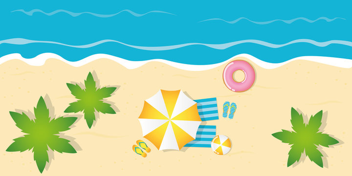 summer holiday on palm beach top view with parasol flip flops ball and floating tire vector illustration EPS10