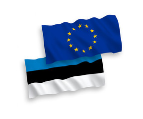 National vector fabric wave flags of Estonia and European Union isolated on white background. 1 to 2 proportion.