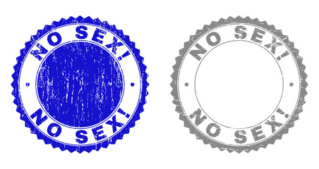 Grunge NO SEX! stamp seals isolated on a white background. Rosette seals with grunge texture in blue and gray colors. Vector rubber stamp imprint of NO SEX! label inside round rosette.