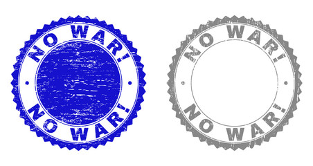 Grunge NO WAR! stamp seals isolated on a white background. Rosette seals with distress texture in blue and grey colors. Vector rubber watermark of NO WAR! label inside round rosette.