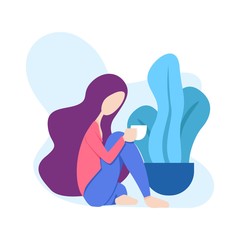 illustration of a woman sitting relaxed drinking a glass of coffee or tea in front of a tree. can for modern webpages and additional illustrations in other images. file size is 500kb.