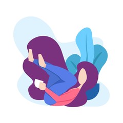 illustration of a woman sitting relaxed drinking a glass of coffee or tea in front of a tree. can for modern webpages and additional illustrations in other images. file size is 500kb.