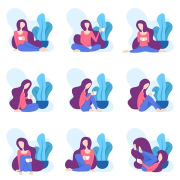 illustration of a woman sitting relaxed drinking a glass of coffee or tea in front of a tree. can for modern webpages and additional illustrations in other images. file size is 500kb.