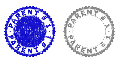 Grunge PARENT # 1 stamp seals isolated on a white background. Rosette seals with grunge texture in blue and gray colors. Vector rubber stamp imprint of PARENT # 1 caption inside round rosette.