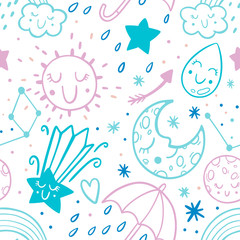 Vector seamless pattern dooodle sketch kids set. Hand dreawn style. Baby wreath cloud,moon,sun,rainbow,cloud.