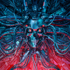 Heavy metal mind / 3D illustration of science fiction scary robotic skull artificial intelligence hardwired to computer core © grandeduc
