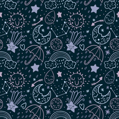 Vector seamless pattern dooodle sketch kids set. Hand dreawn style. Baby wreath cloud,moon,sun,rainbow,cloud.