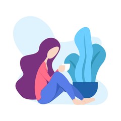 illustration of a woman sitting relaxed drinking a glass of coffee or tea in front of a tree. can for modern webpages and additional illustrations in other images. file size is 500kb.