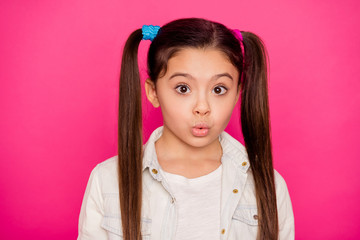 Close up photo small little age she her girl sorry regret facial expression omg wow oh no wearing casual jeans denim checkered plaid shirts isolated rose vibrant bright vivid background
