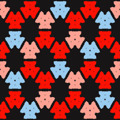 Seamless pattern with alternate colorful geometric shapes on dark background.