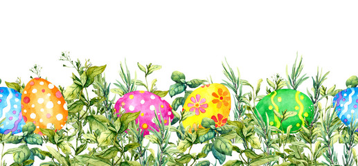 Decorated Easter eggs hide in spring green grass. Watercolor horizontal repeating banner for eggs hunt