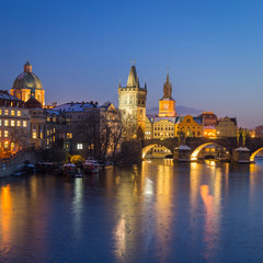Naklejka na ściany i meble Prague at Night, illuminated Charles Bridge
