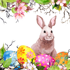 Easter bunny, colored eggs, grass and pink flowers. Watercolor Easter card