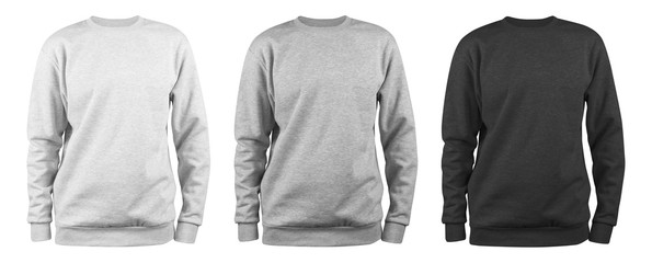 set of men's blank sweatshirt template - white, grey, black, natural shape on invisible mannequin,...