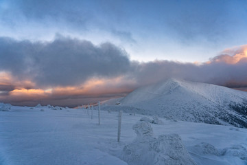 Winter scene of peak of the Snezka in the Krkonose Mountains, Czech Republic.