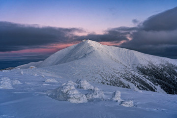 Winter scene of peak of the Snezka in the Krkonose Mountains, Czech Republic.