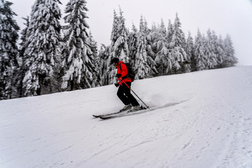 Female skier dressed in red jacket on ski slope.