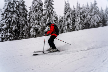 Female skier dressed in red jacket on ski slope.