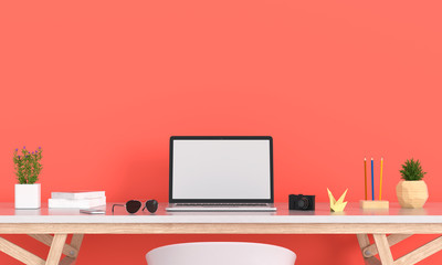 Laptop display for mockup on table in orange room, 3D rendering