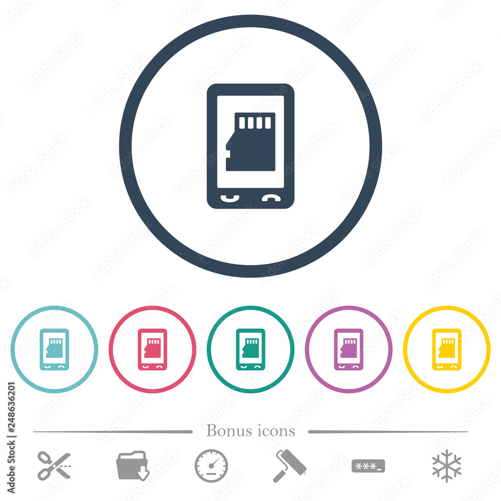 Poster mobile memory card flat color icons in round outlines