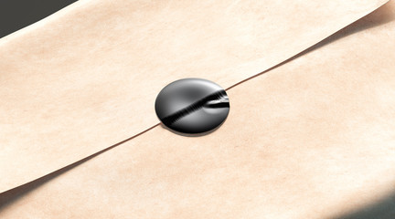 Blank black adhesive sticker on craft wrapping paper mockup, 3d rendering. Empty wrap bag with stick mock up. Clear glutinous circle badge for delivery. Cover with gold packaging template.