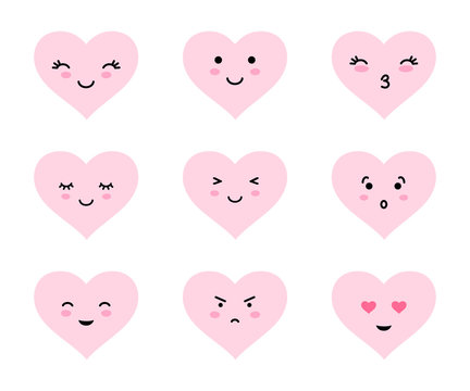 Collection of cute cartoon heart emoticons. Heart shaped emodji set for Valentines day.