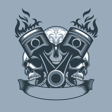 Two burning pistons on three skulls background. Monochrome tattoo style.