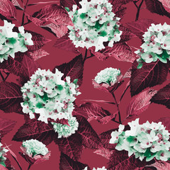 Hortensia seamless pattern. Watercolor background.